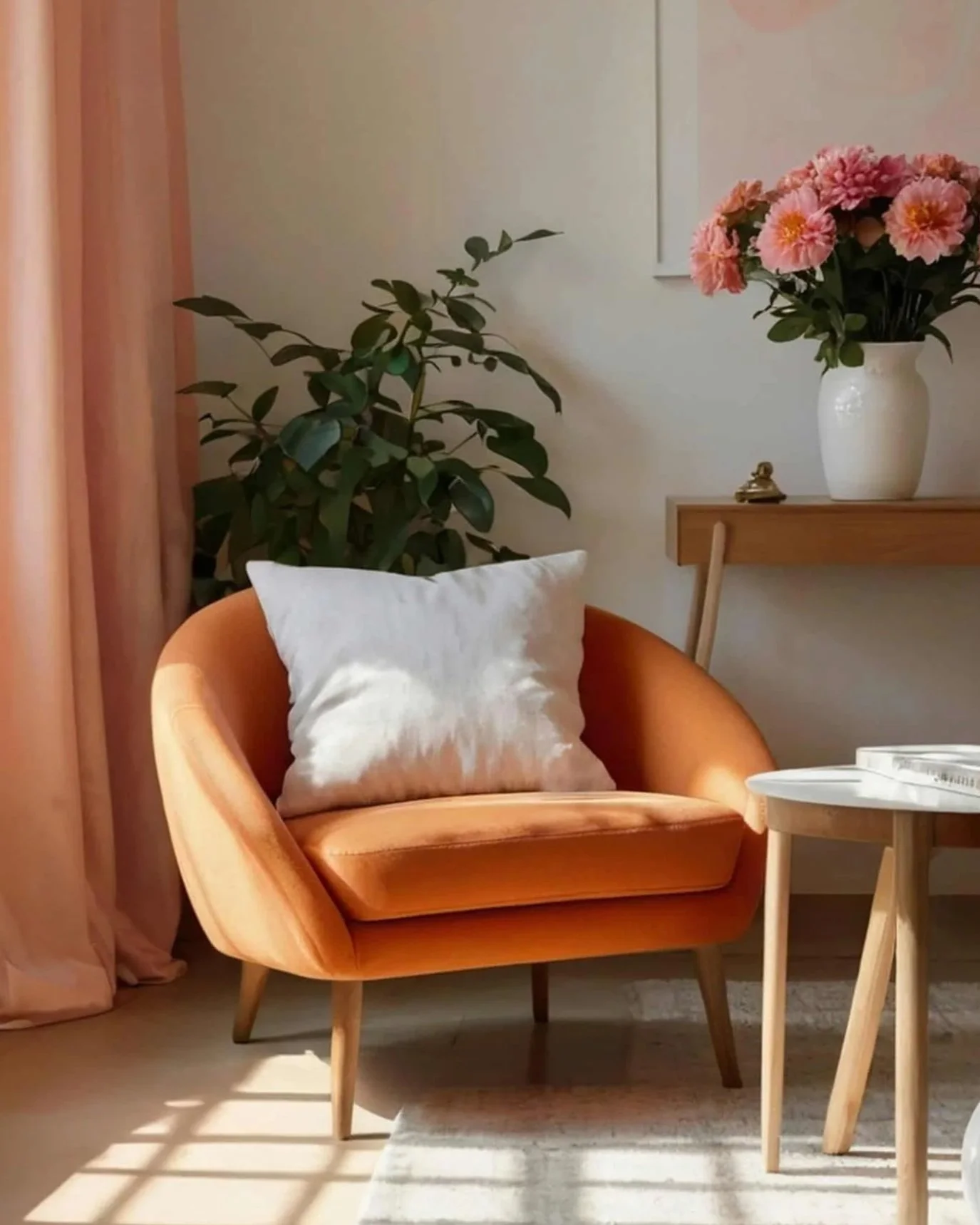 Orange armchair with a white pillow, a small wooden side table with a white tray, a large green plant, a white vase with pink flowers on a wooden shelf, beige curtains, and a light-colored rug.