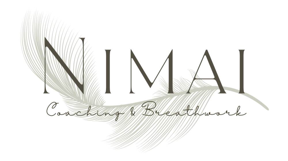 Design featuring a large feather with the text 'NIMAI' and smaller text 'Coaching & Breathwork' over a transparent background.
