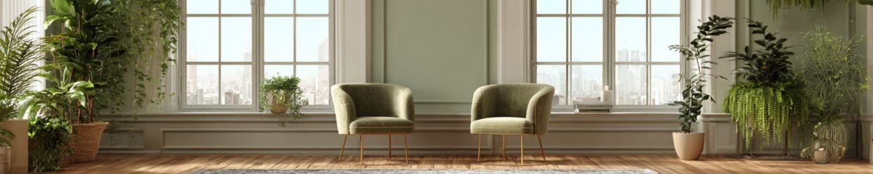 A spacious living room with large windows, two green armchairs, and numerous potted plants.