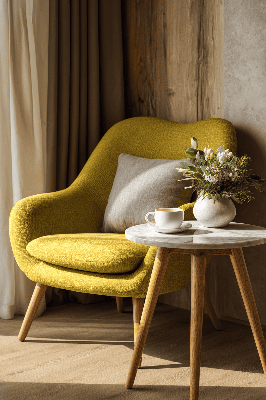A cozy living space with a green armchair, gray cushion, a small round marble-top wooden table, a white coffee cup, and a vase with white flowers, set against a wooden and beige wall with curtains.