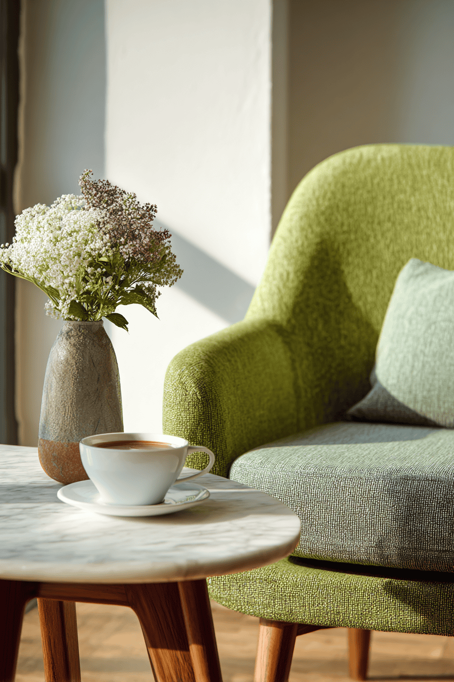A cozy living room corner with a marble-top wooden coffee table holding a ceramic vase of white and purple flowers and a white ceramic cup and saucer with coffee, next to a green upholstered armchair with a matching pillow.