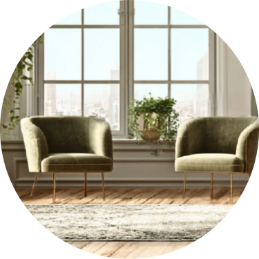 Two green armchairs facing each other in front of large windows with potted plants, in a well-lit room with wooden floors and a rug.