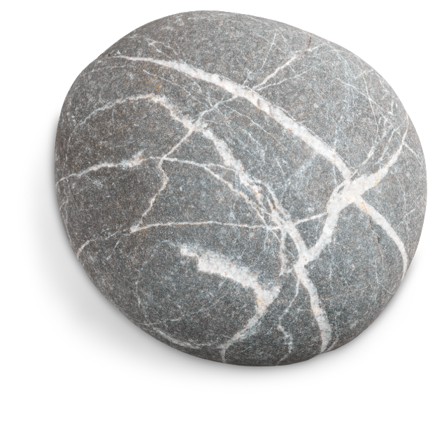 A smooth, rounded gray stone with white veining on a transparent background.