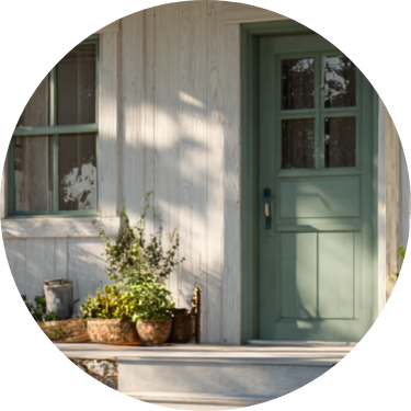 Close-up of a green front door with a window at the top, next to a window, with potted plants on the porch.