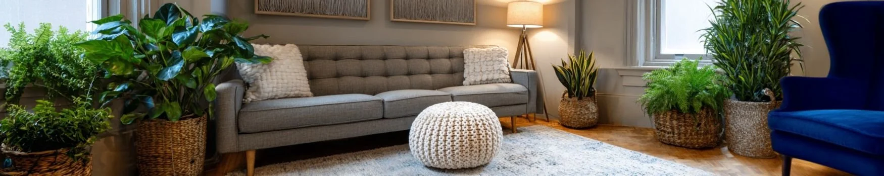 An office space with a gray sofa, white throw pillows, a knitted ottoman, indoor plants in woven baskets, a wooden floor, and a blue armchair by a window with a beige lampshade.