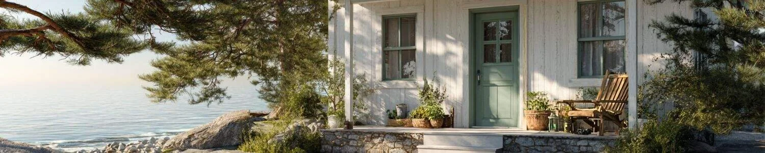 A white wooden house with a green door and shuttered windows, surrounded by trees and plants, overlooking a body of water