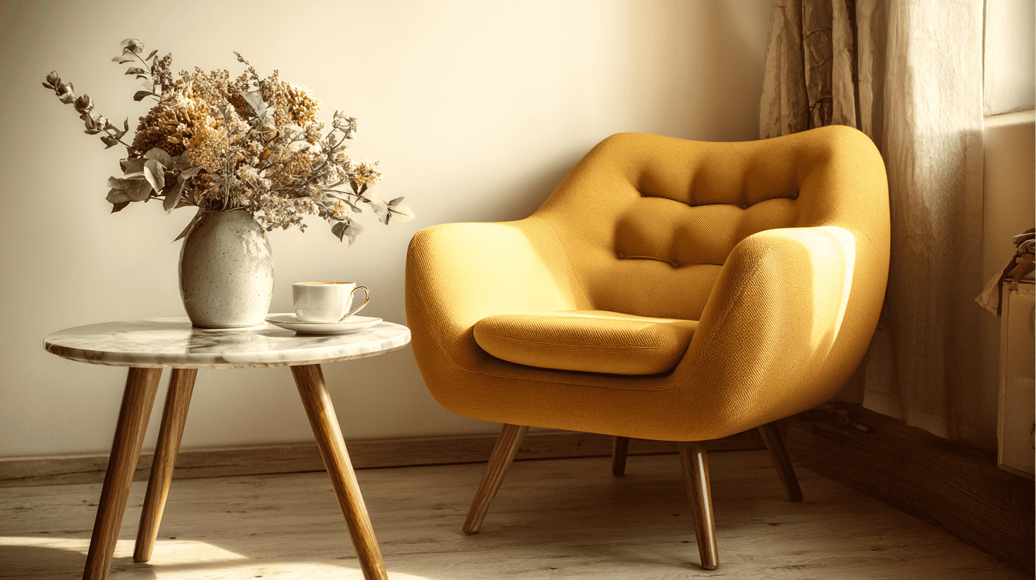 A cozy interior corner with a mustard yellow armchair, a small round marble-top side table with wooden legs, a white teacup with a saucer, and a gray vase filled with dried flowers, next to a window with beige curtains.