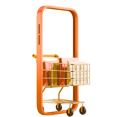 A shopping cart with a large custom smartphone-shaped frame, holding paper shopping bags, against a yellow background.