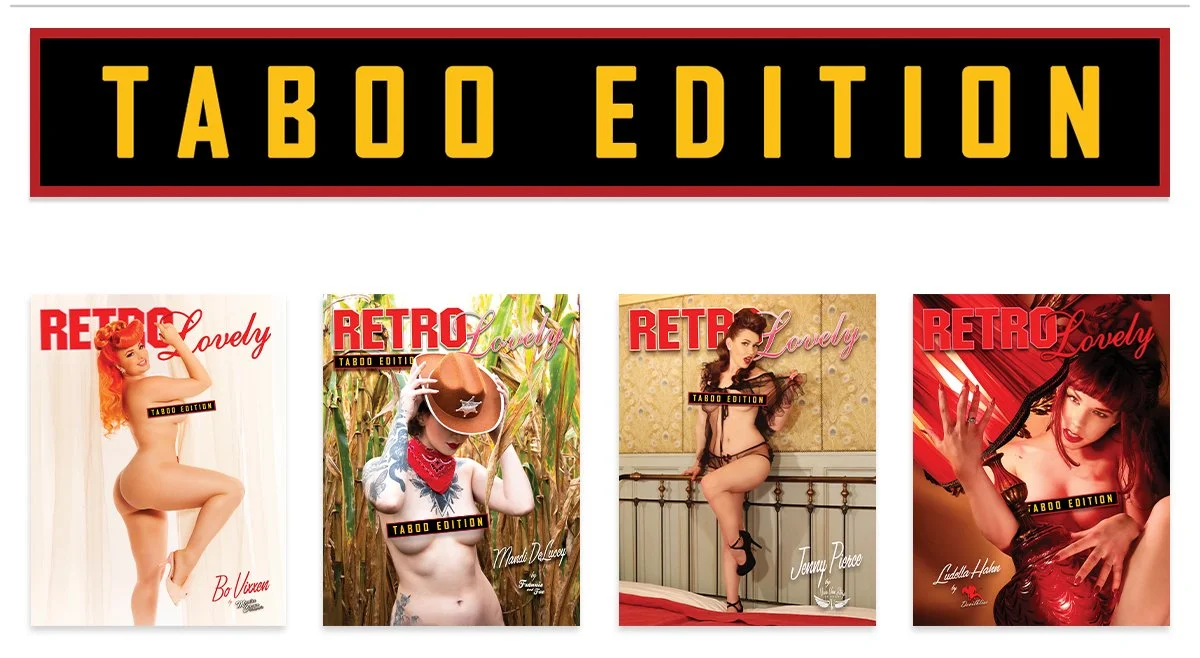 Four vintage magazine covers titled "Retro Lovely Taboo Edition" featuring Pin-up style women in provocative poses and outfits.