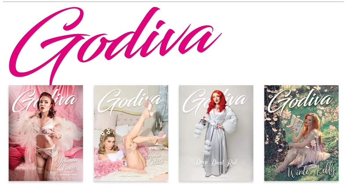 Collection of four book covers, each with a woman and the title 'Goddess.' The covers feature different women in various poses and outfits, with names Yolinda Vixen, Hella Wild, Drop Dead Red, and Winter Kelly.
