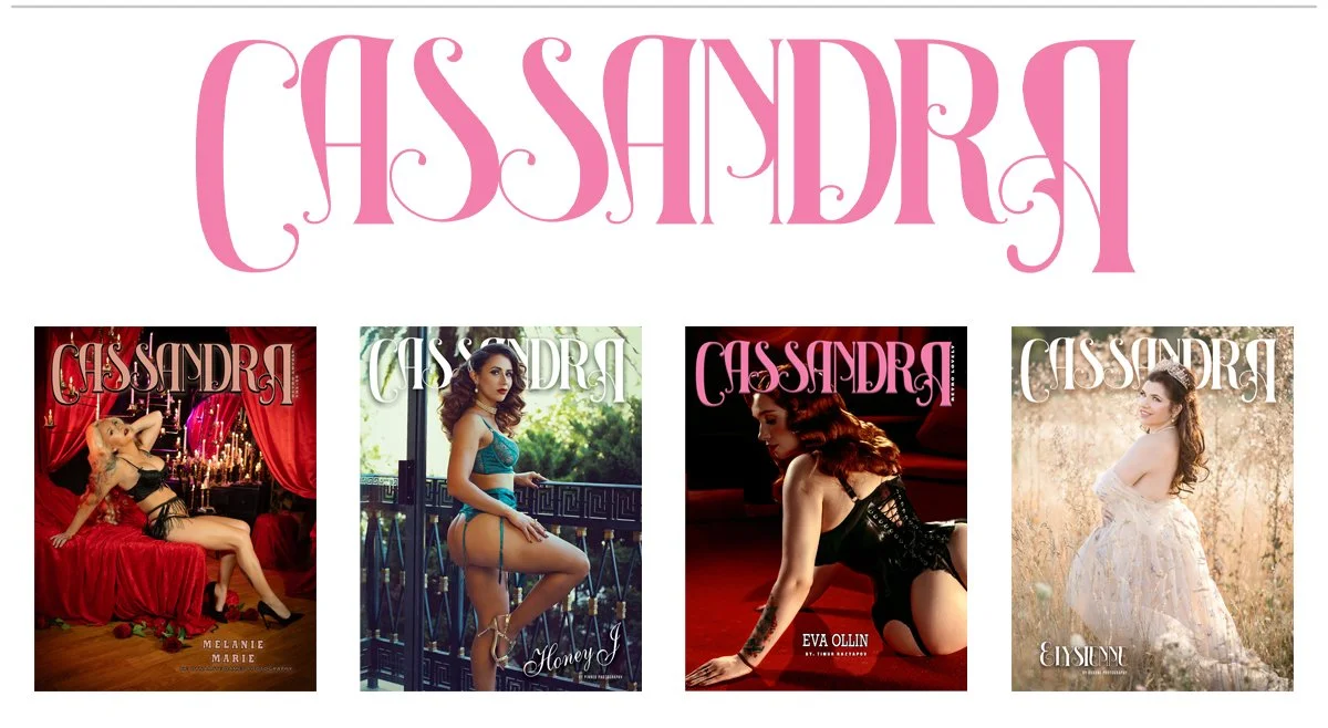 A collection of four book covers featuring women in lingerie or dresses, with the name 'Cassandra' in large, stylized pink lettering at the top.