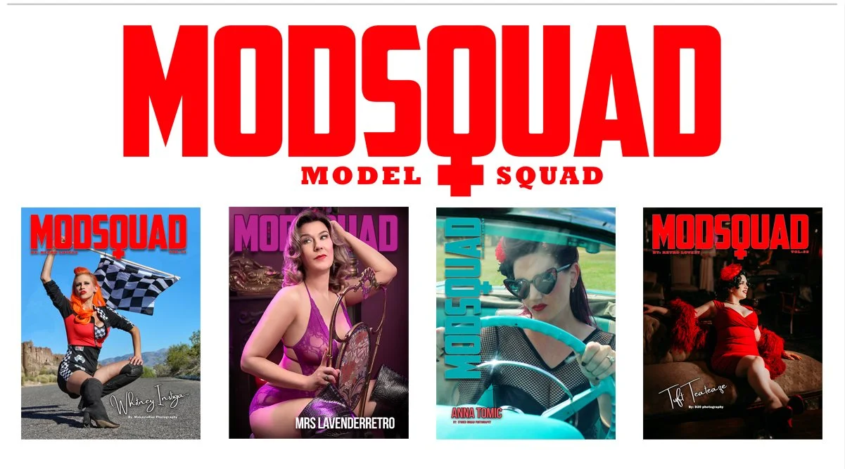 Collection of four magazine covers titled 'MODSQUAD' featuring women in vintage or retro styles, with various colorful backgrounds and fashion poses.