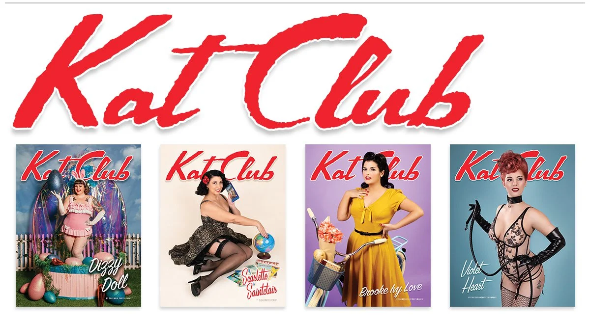 Magazine covers from Kat Club featuring women in vintage-inspired pin-up styles with bold colors and playful poses.