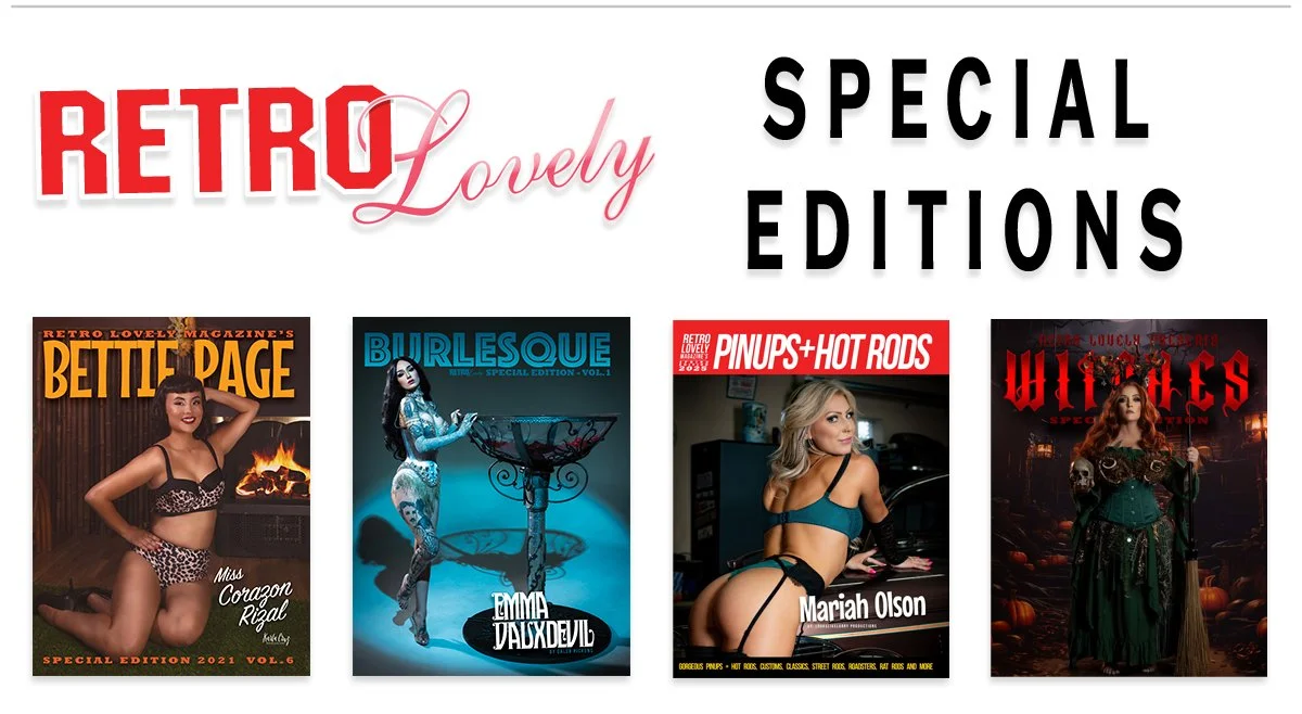 Magazine covers featuring women in retro and pin-up styles, including Bettie Page, a woman with tattoos at a cake stand, a woman with blonde hair in lingerie, and a woman dressed as a witch among pumpkins.