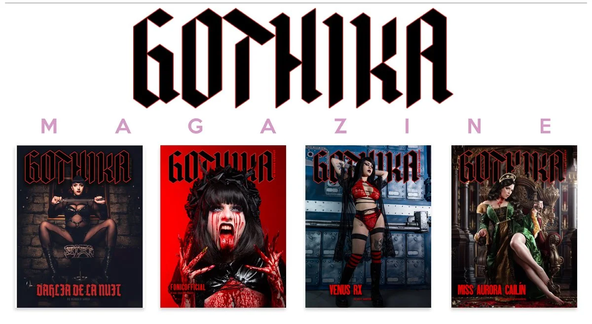 A magazine cover collage featuring four different issues with a gothic theme. Each cover shows a woman in gothic attire with dark, dramatic backgrounds and red or dark color schemes. The magazine title is displayed prominently at the top of each cover.