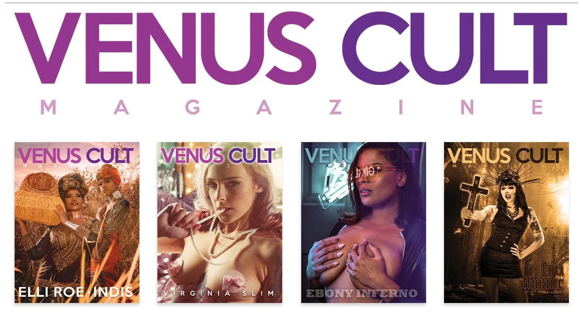Four magazine covers titled Venus Cult with different models, each with distinctive styles and backgrounds.