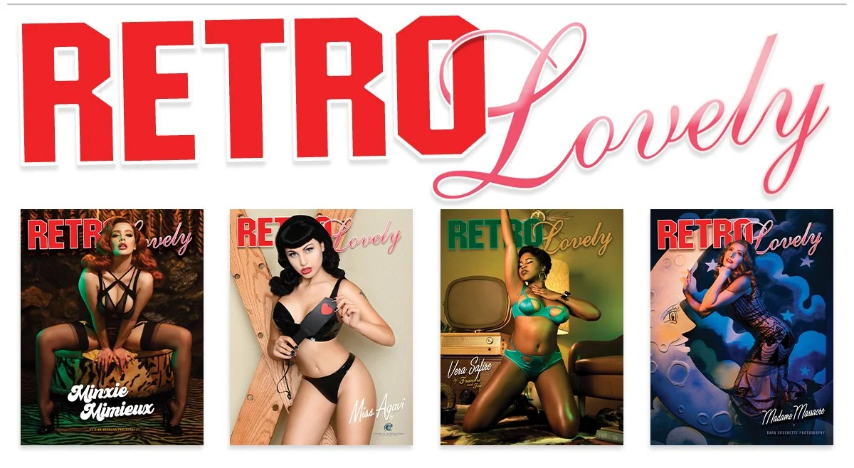 Collection of four magazine covers titled "Retro Lovely" featuring women in vintage and pin-up style poses.