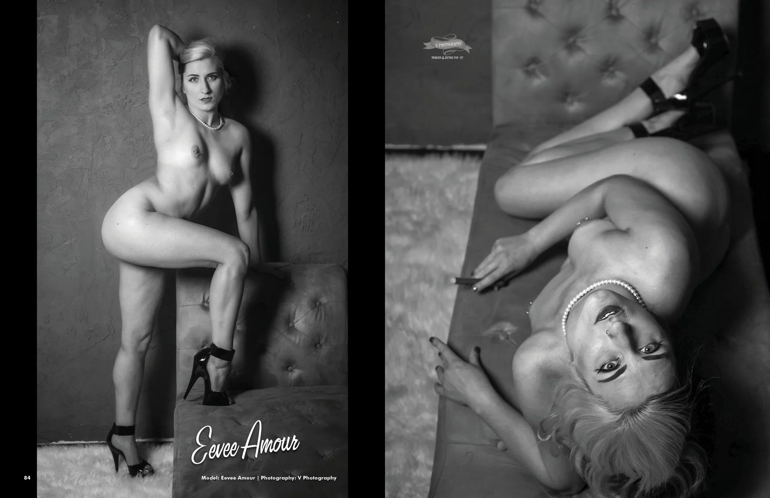 A black-and-white photograph of a woman with short blonde hair, wearing high heels, a pearl necklace, and lingerie, posed against a textured wall. She is sitting on an ottoman with one leg crossed over the other, looking directly at the camera. The right side of the image shows the same woman lying on the floor, with her head tilted back and eyes looking at the camera. Text on the image reads: 'Eveee Amour' and 'Model: Eveee Amour | Photography: V Photography'.