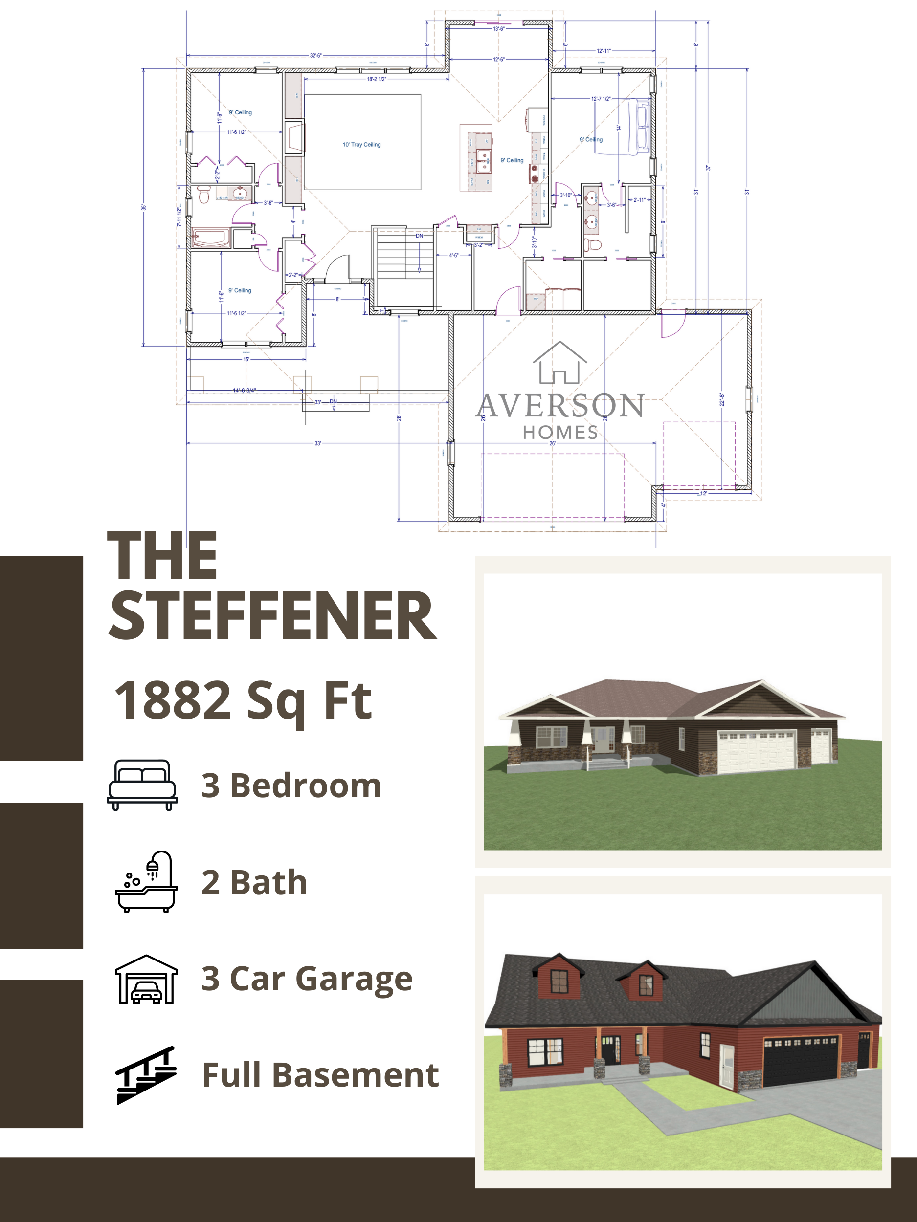 Details of a house plan for The Steffener, including a blueprint of the house layout with room dimensions, and two exterior views: one of a single-story house with dark siding and a garage, and another of a brick house with a garage. The listing highlights 1882 square feet, 3 bedrooms, 2 bathrooms, a 3-car garage, and a full basement.