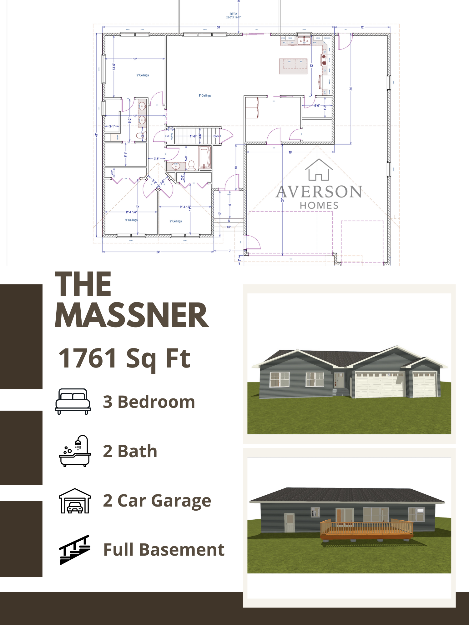 Floor plan of a residential home with measurements and layout, two exterior images showing front and back views of the house, and details about the home including 1761 square feet, 3 bedrooms, 2 bathrooms, a 2-car garage, and a full basement.