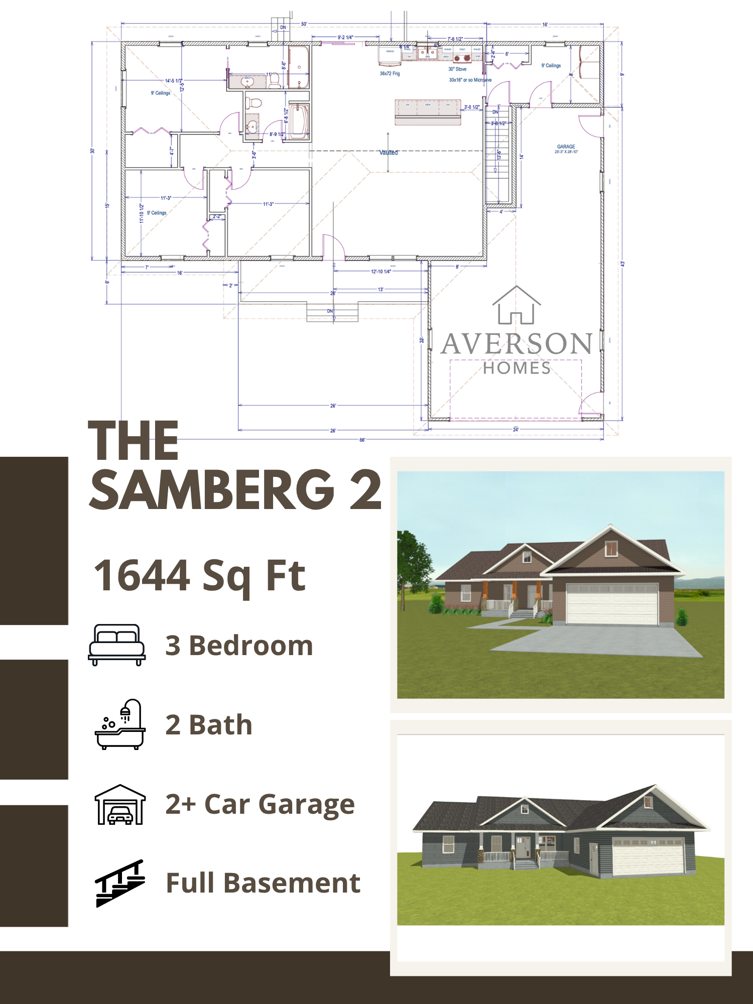 Floor plan of a house with labeled rooms and measurements, along with icons and images of the house exterior, indicating it is a 1644 square foot home with 3 bedrooms, 2 bathrooms, a 2+ car garage, and a full basement.