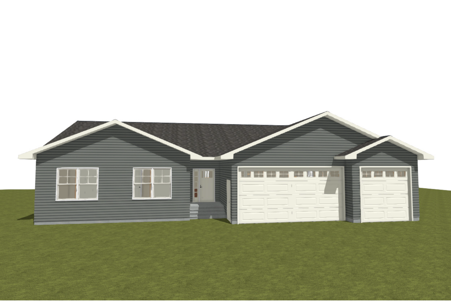 Digital rendering of a single-story house with gray siding, a gabled roof, a front porch with steps, and a two-car garage in a grassy yard.