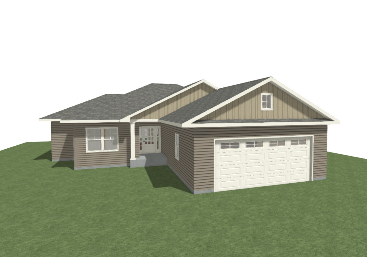 A two-story suburban house with beige siding, gray shingle roof, white garage door, front porch, and small front yard.