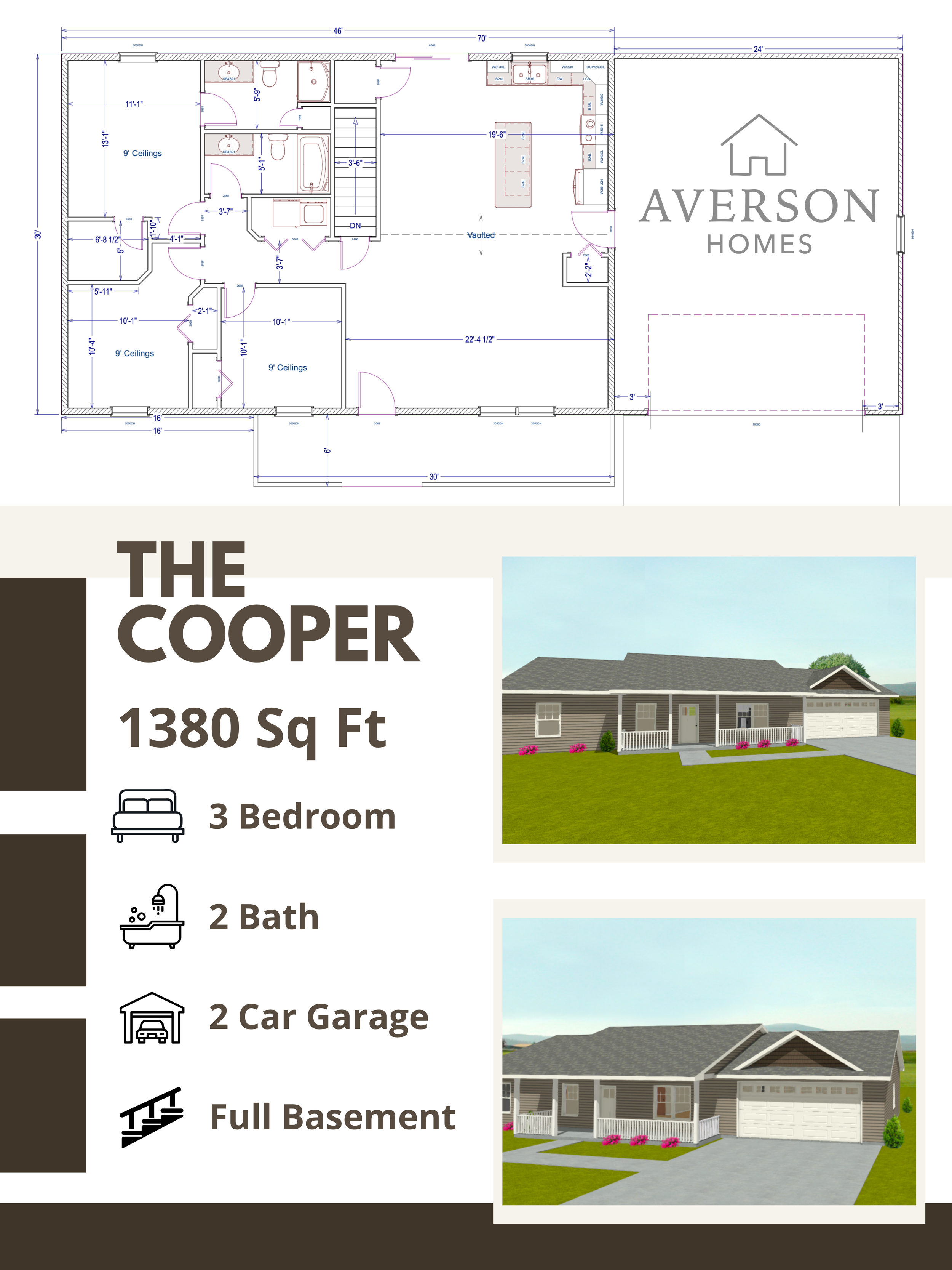 Blueprint for a house titled "The Cooper" showing detailed floor plan. An exterior rendering of the house with gray siding, white trim, and a front porch. A second exterior view showing the house with a two-car garage. Text indicates the house is 1380 square feet with 3 bedrooms, 2 bathrooms, a 2-car garage, and a full basement.