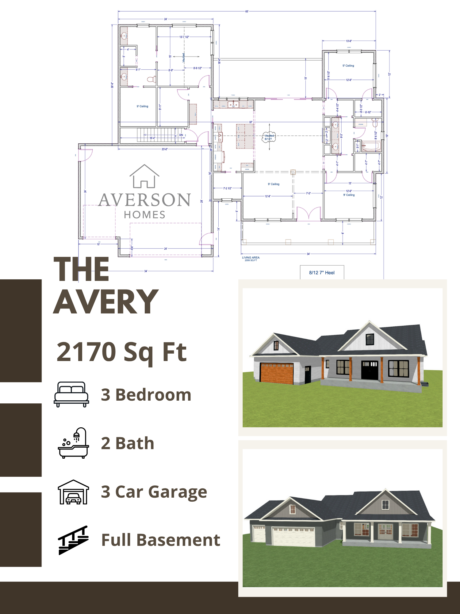 Blueprint of a house with labeled rooms and dimensions, 3D renderings of the house's front and back views, and details about the house called The Avery, which is 2,170 square feet, with 3 bedrooms, 2 bathrooms, a 3-car garage, and a full basement.