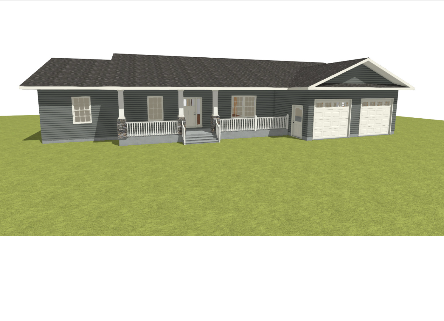 3D rendering of a single-story house with a front porch, dark gray siding, white trim, a gable roof, and an attached two-car garage on the right, set on a grassy lawn.