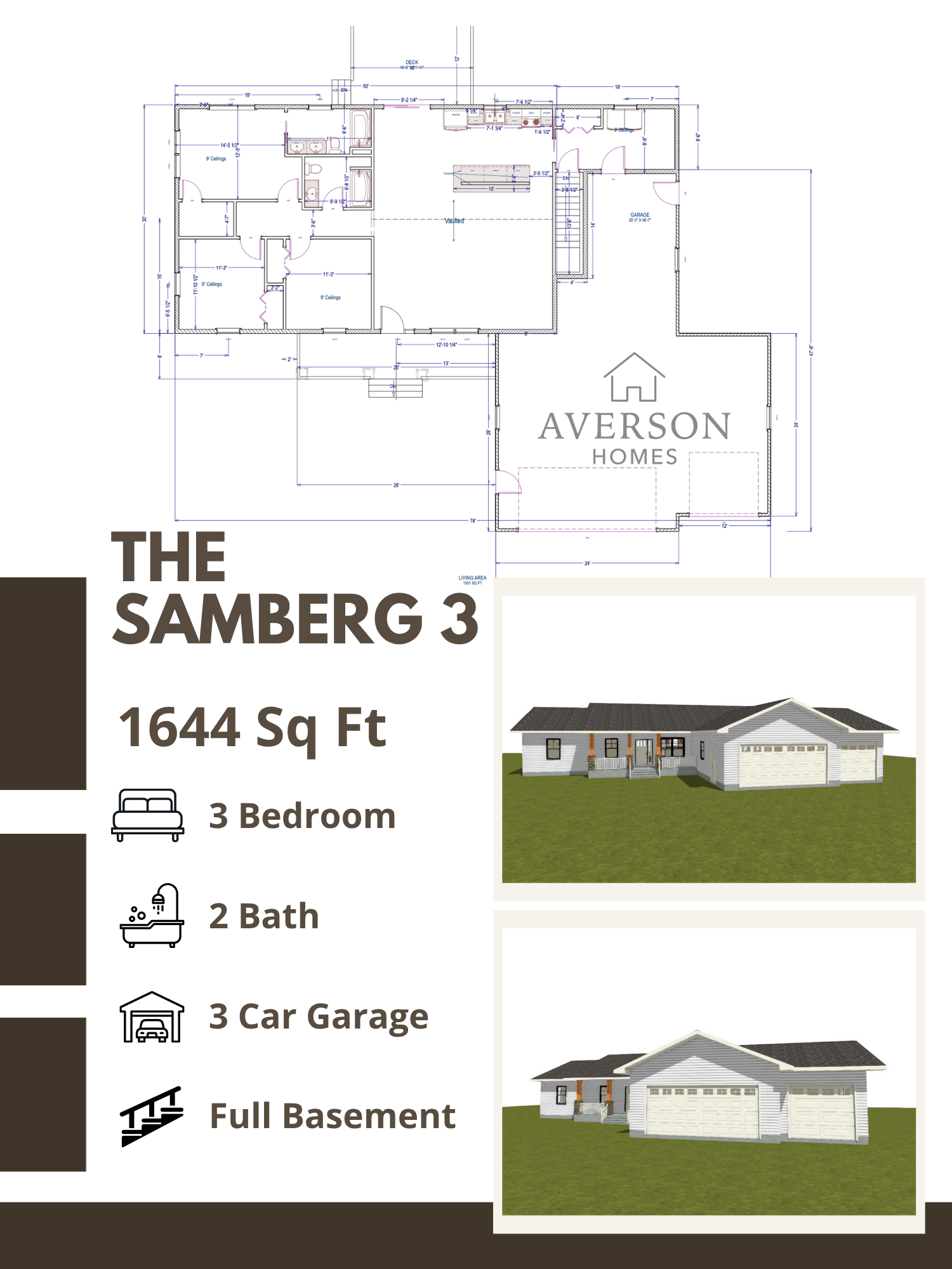 A document with a house floor plan at the top, images of the house exterior below, and text on the left side detailing the house model 'The Samberg 3', with 1644 square feet, 3 bedrooms, 2 bathrooms, a 3-car garage, and a full basement.
