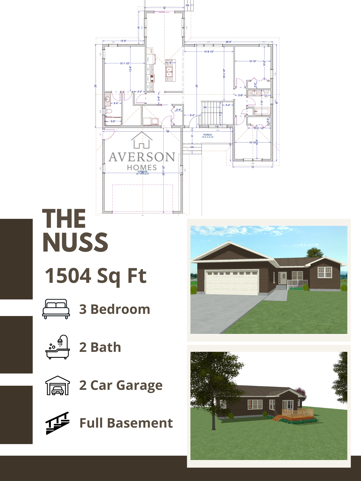A house blueprint, exterior view of a house with a white garage door, and the house's backyard with a deck and lawn, along with text describing the house features and dimensions.