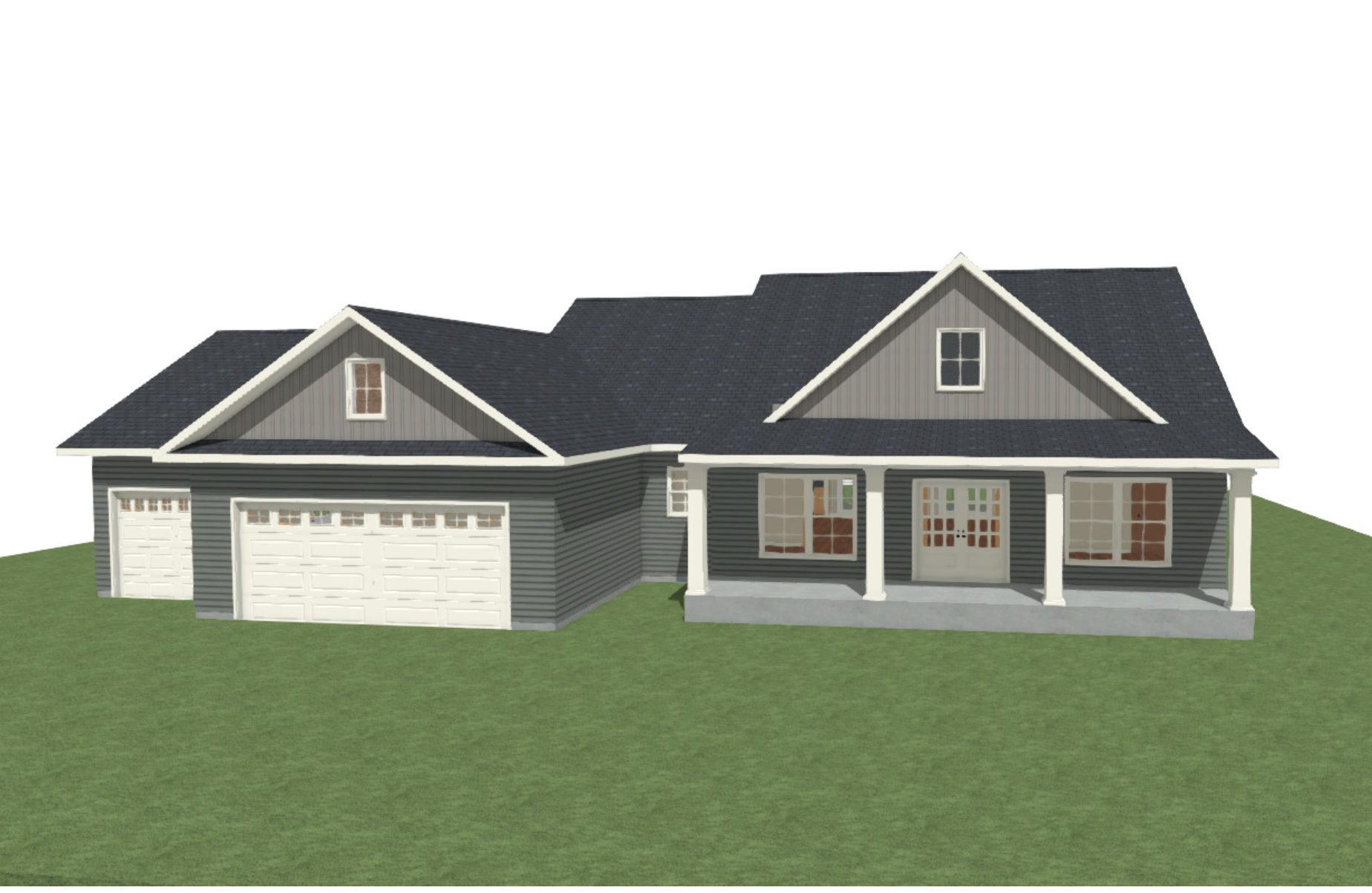 A modern single-family house with gray siding, white trim, three garage doors, front porch, and gabled roof with black shingles, set on a grassy lot.