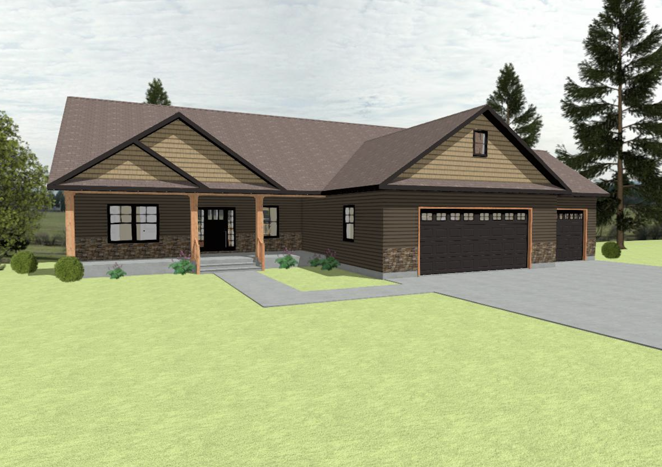 Digital rendering of a single-story house with a garage, front steps, and landscaped yard, surrounded by trees.