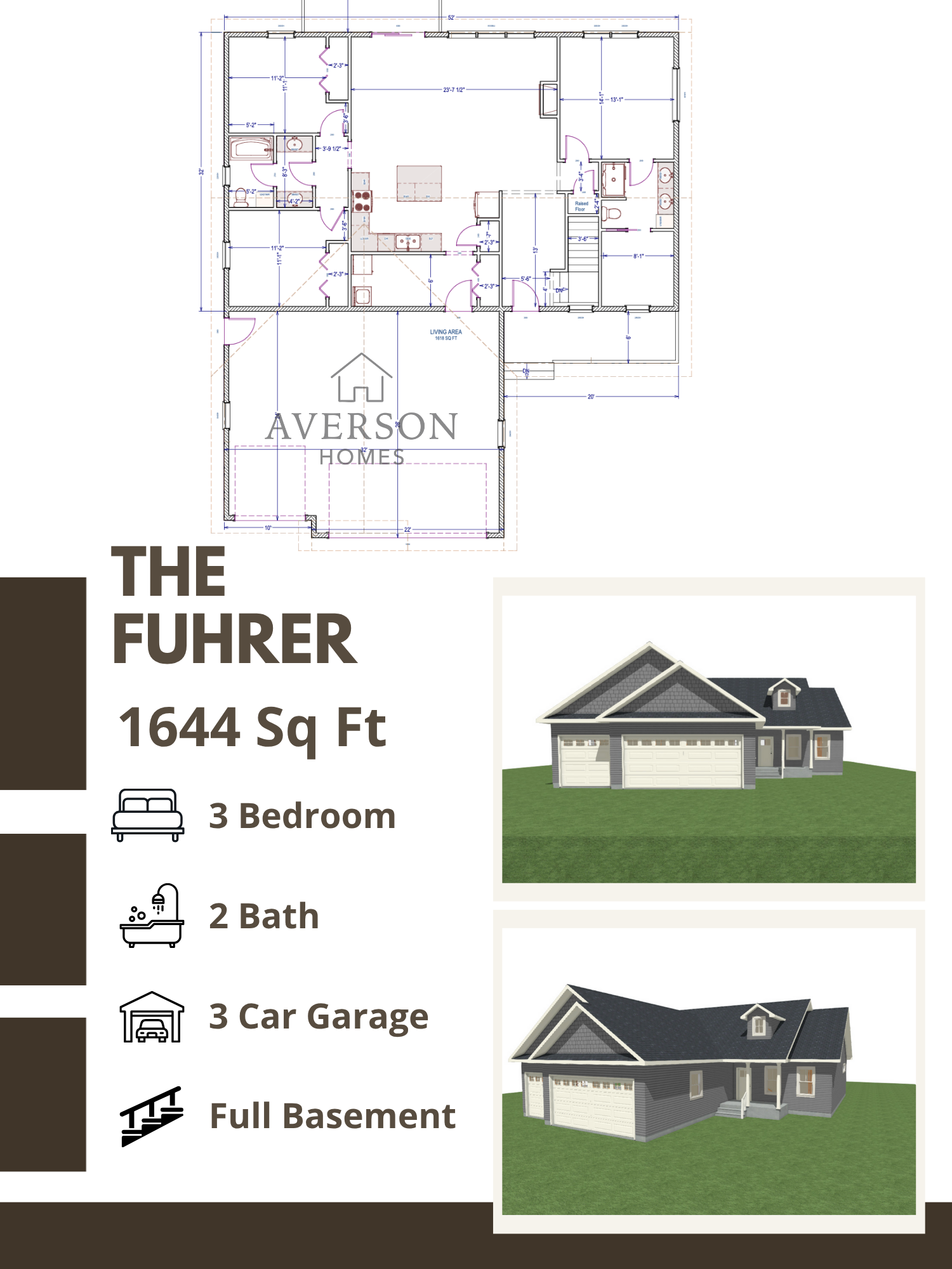 Floor plan of a single-story house with labeled rooms, two exterior 3D renderings showing front and back views, and text indicating the house is named THE FUHRER, has 1644 square feet, three bedrooms, two bathrooms, a three-car garage, and a full basement.
