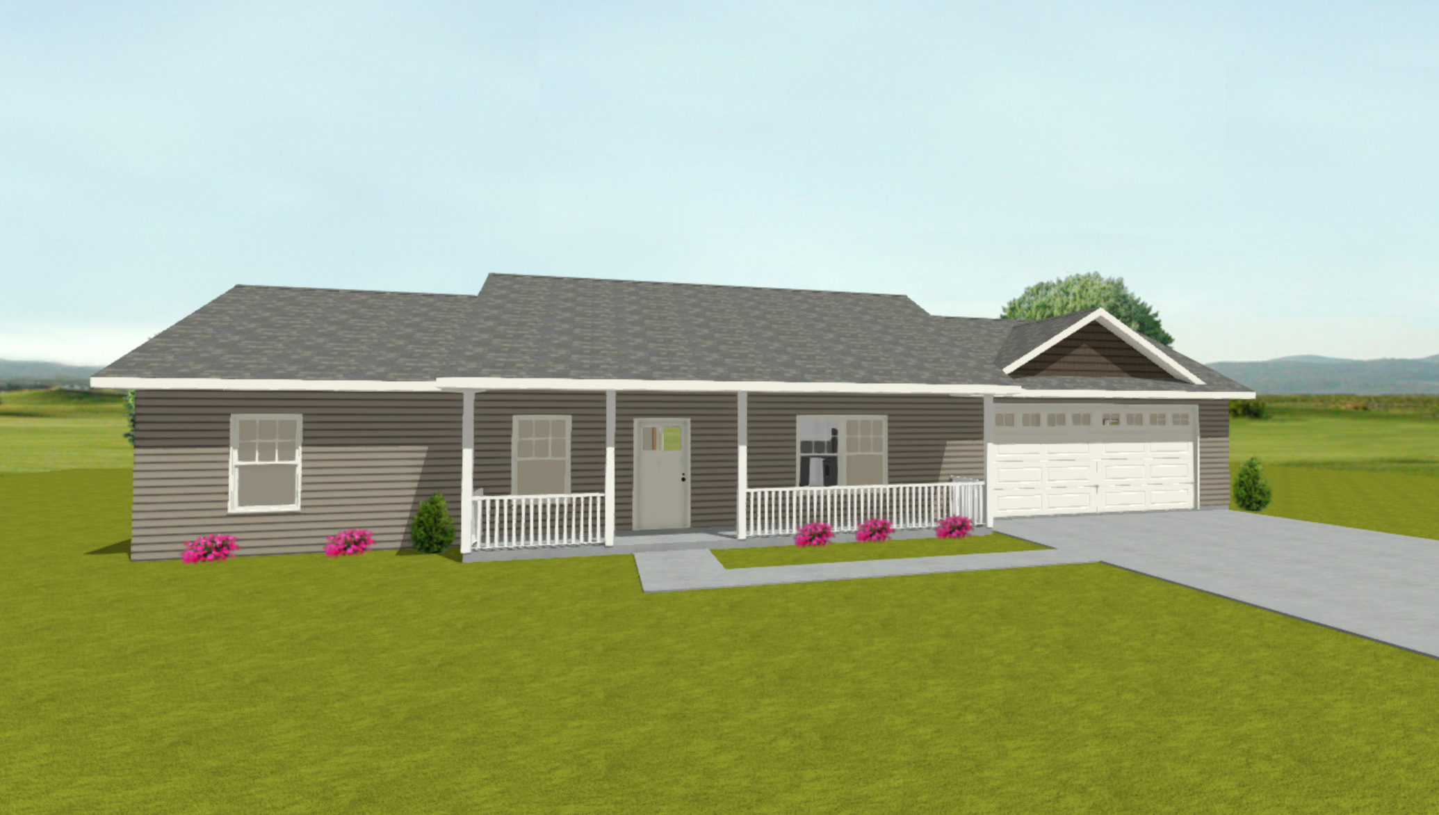 A single-story house with gray siding, a gable roof, a front porch with white railings, a white garage door, and a well-maintained lawn with pink flowers.