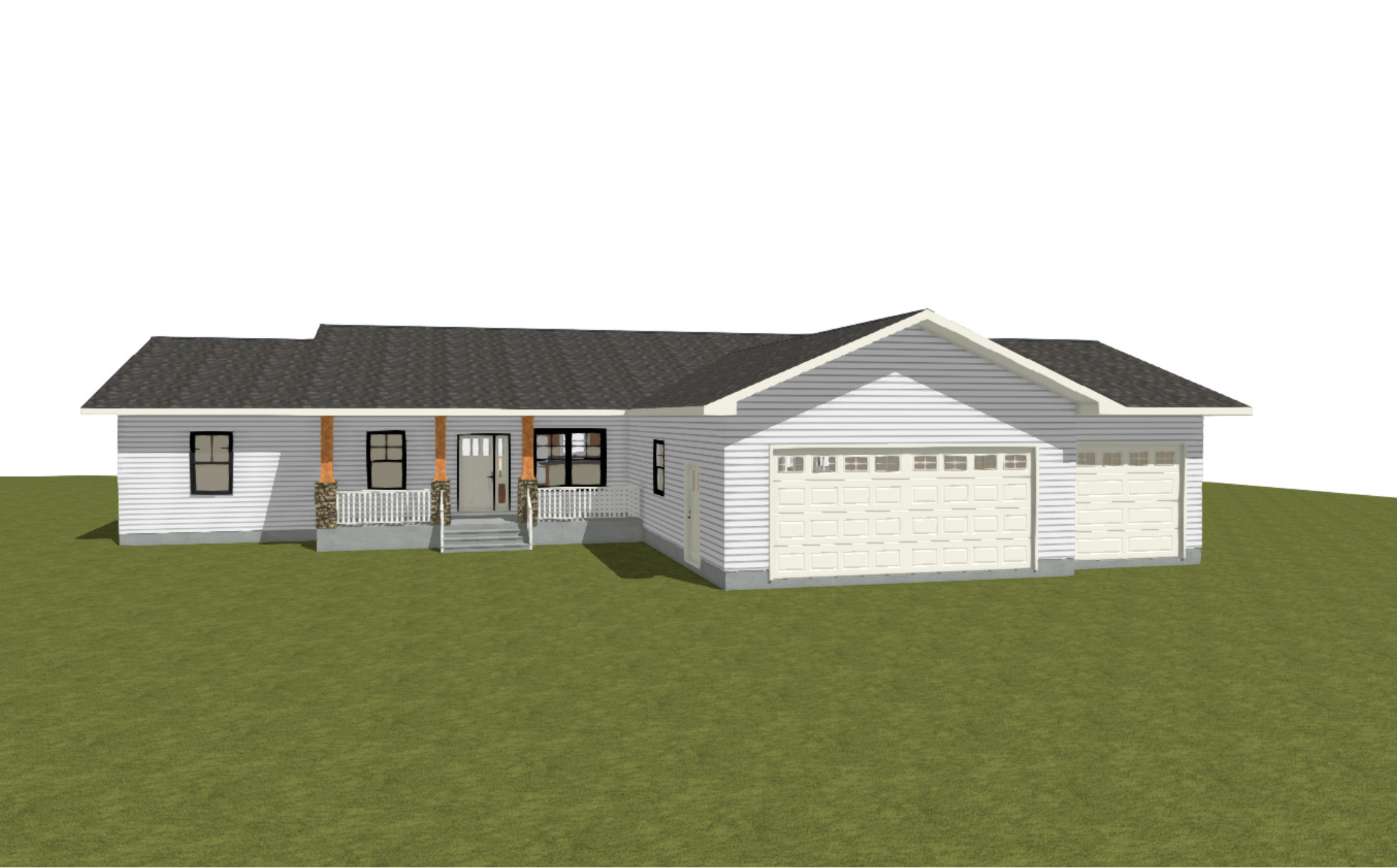 3D rendering of a single-story house with gray siding, white trim, black window frames, a double garage, front porch with wooden posts, and a green lawn.