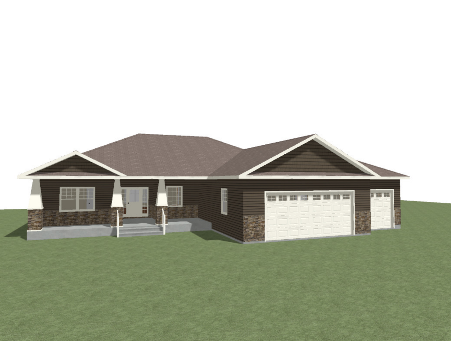 3D rendering of a single-story house with brown siding, stone accents, a gable roof, attached garage, front porch, and green lawn.
