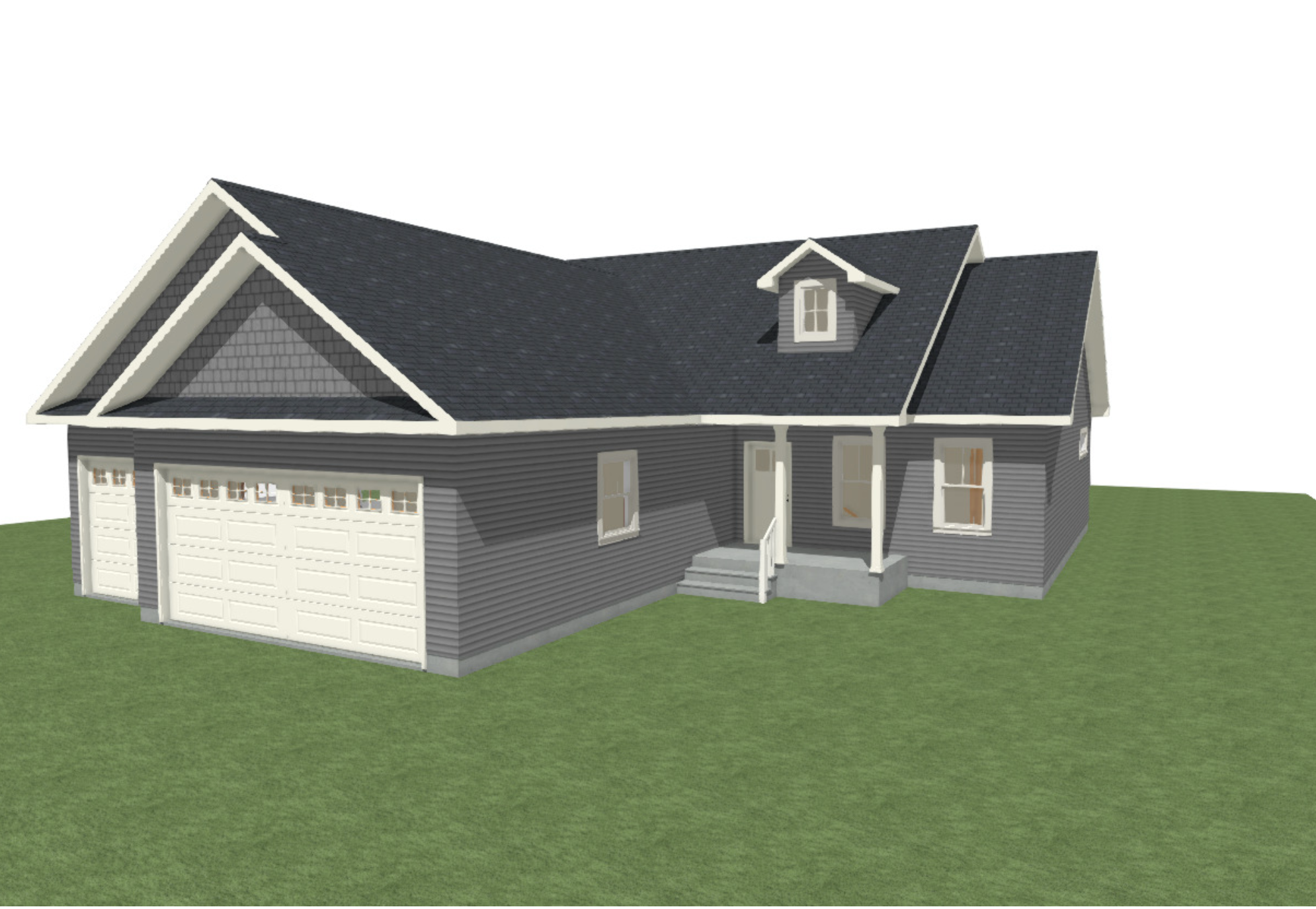 A digital rendering of a suburban house with gray siding, a dark shingled roof, a two-car garage, and a small front porch with steps leading up to the front door, situated on a grassy lawn.