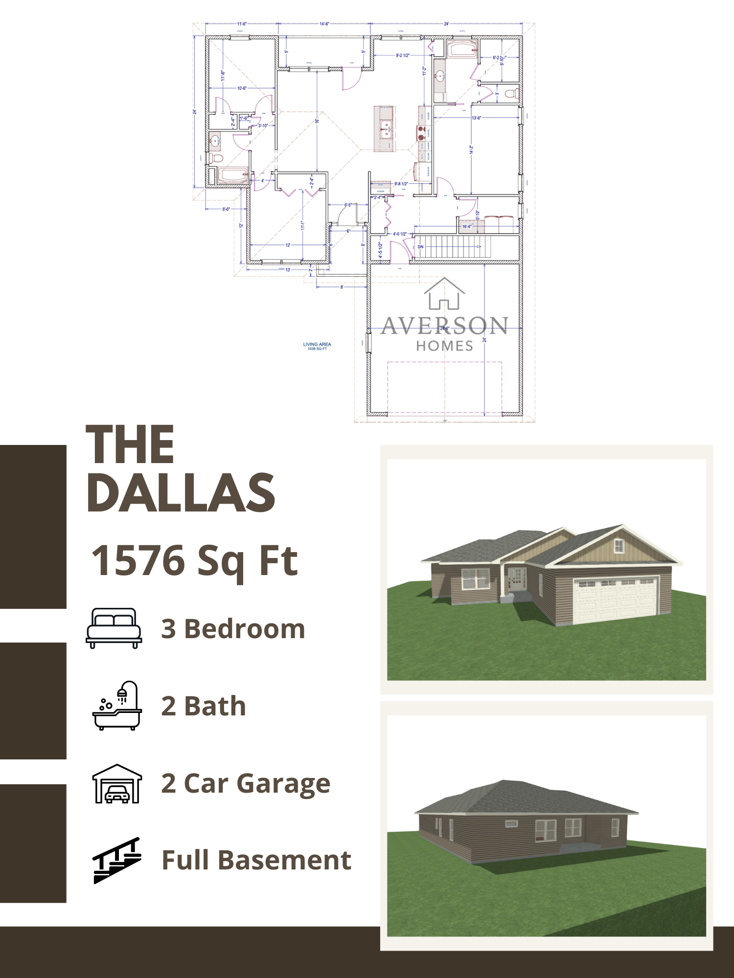 Floor plan of a house labeled 'The Dallas' with 1576 sq ft, 3 bedrooms, 2 bathrooms, a 2-car garage, and full basement. Includes images of the house exterior with a gabled roof and siding, and a rear view of the house showing windows and the roof.
