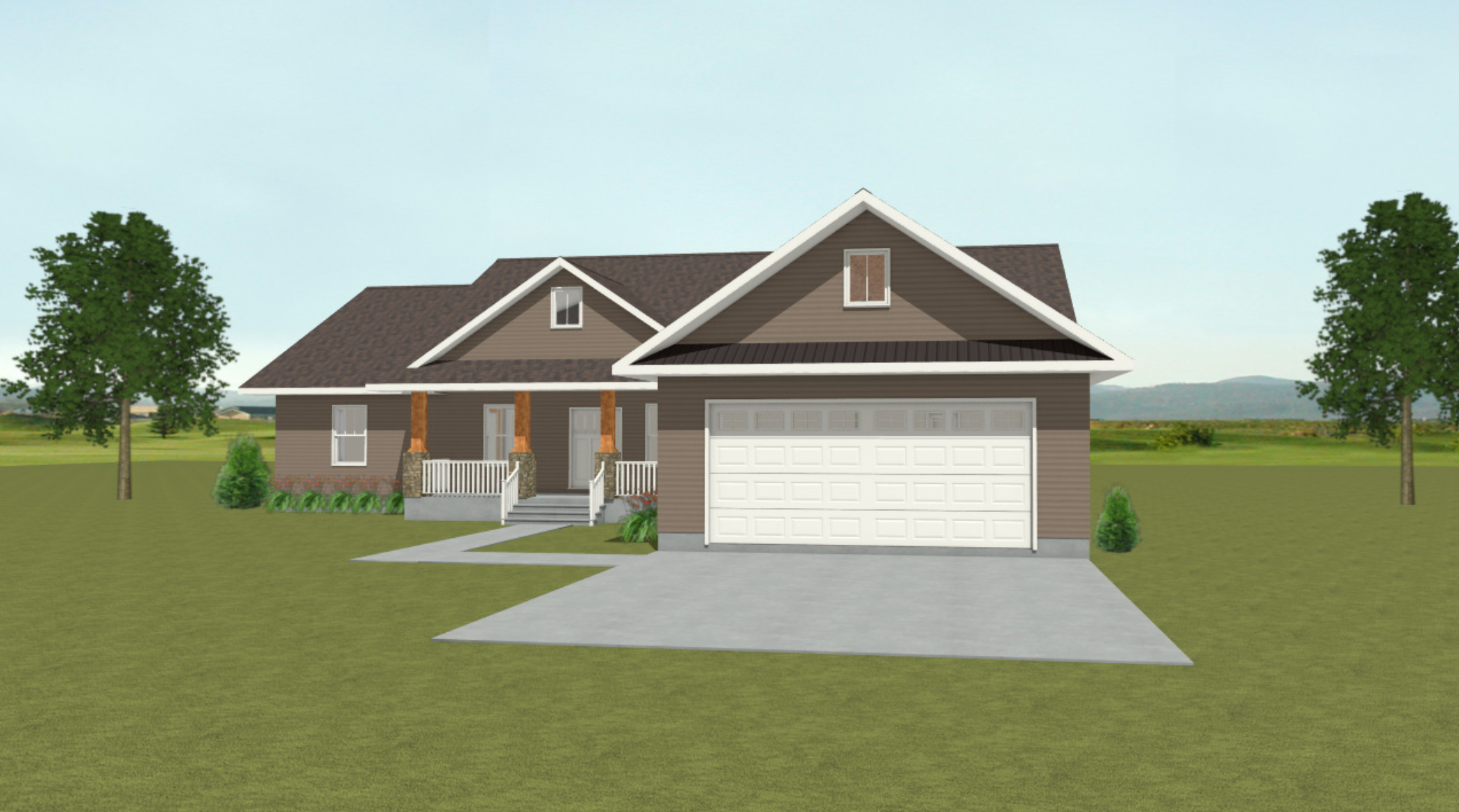 A two-story house with brown siding, a white garage door, front porch, and gabled roof, surrounded by green grass and trees in the background.