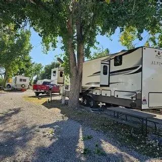 Campground with trees, several RVs and trucks parked on gravel, some shaded by trees.