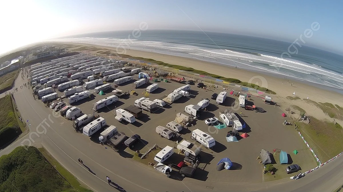Aerial view of a beach parking lot filled with cars and campers, with a sandy beach and ocean waves in the background.