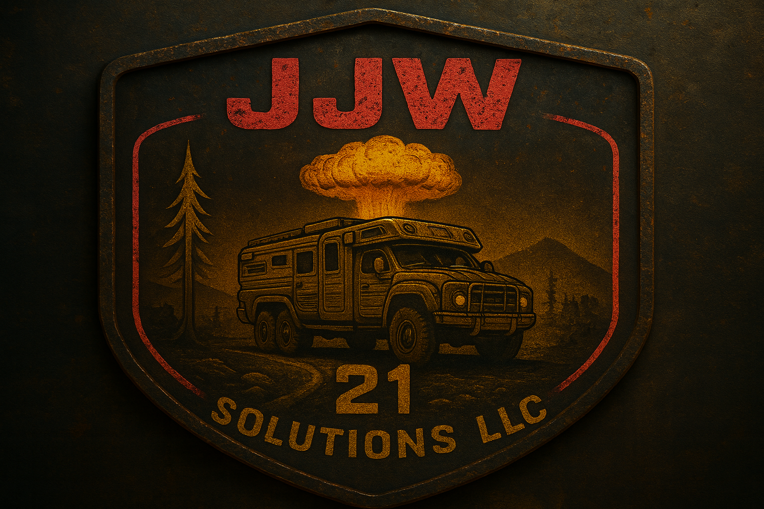 A rusted metal sign with an illustration of an off-road vehicle, a mountain landscape, a tall pine tree, and a mushroom cloud explosion in the background. The sign reads "JJW 21 SOLUTIONS LLC" in red and yellow text.