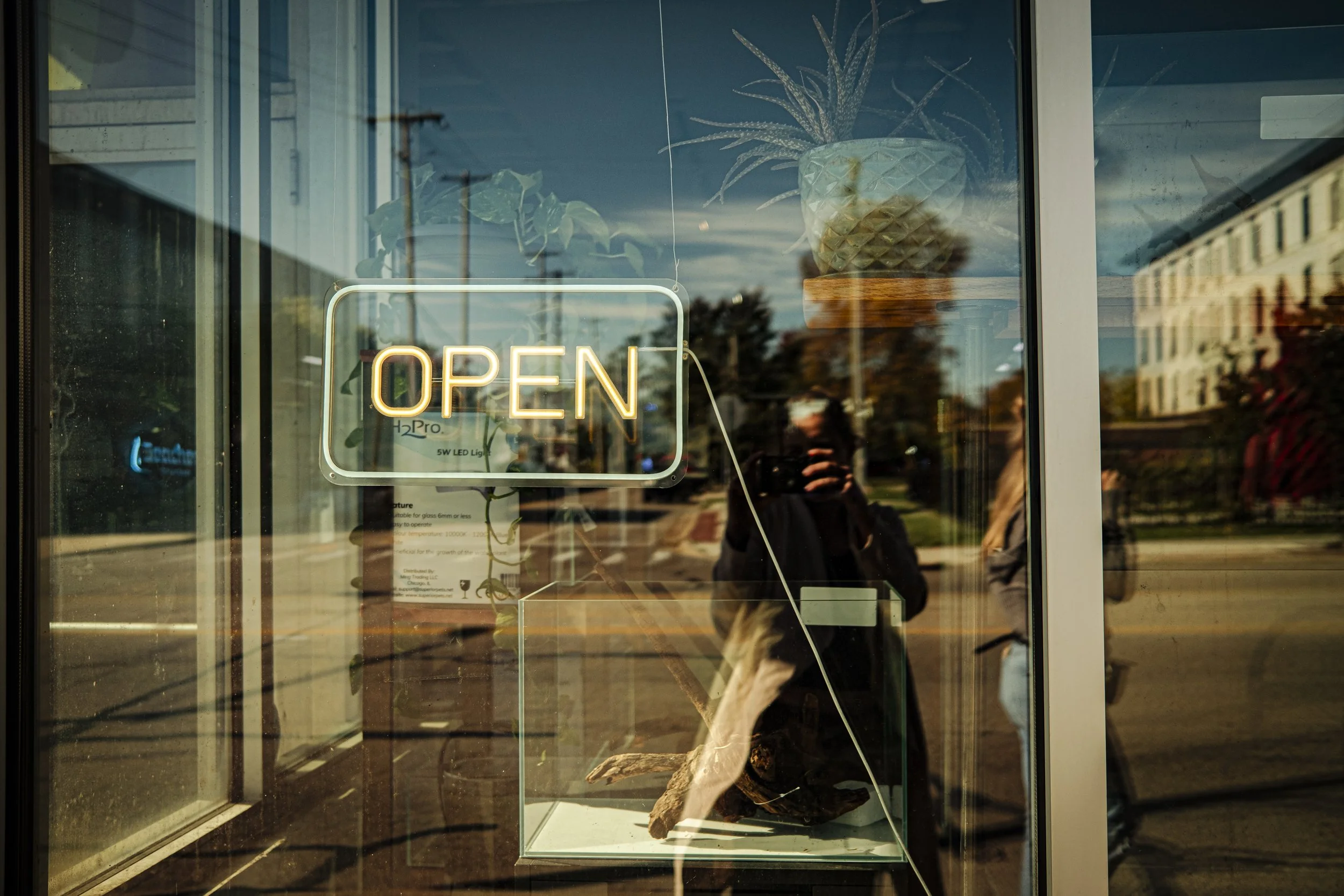 A glass storefront with a neon 'OPEN' sign, a potted plant, and reflections of people and buildings outside.