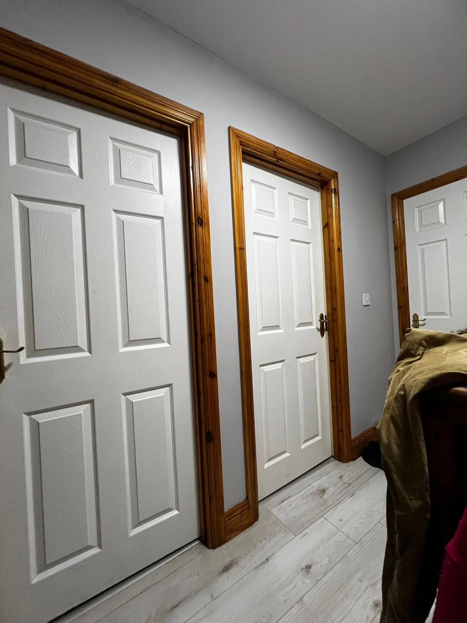 Interior of a house showing three white doors with wood trim, light gray walls, and light-colored wood flooring.