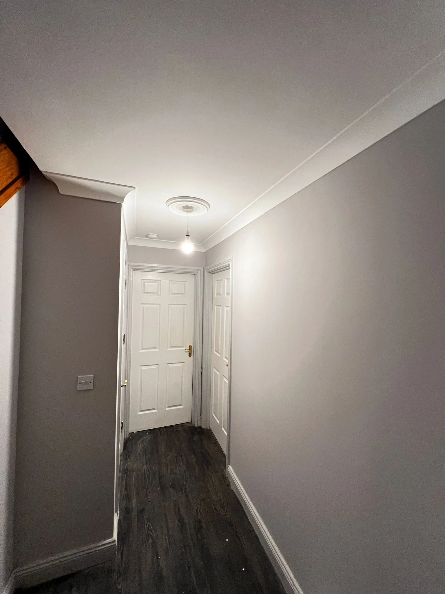 A hallway with white doors, gray walls, dark wood flooring, a ceiling light bulb, and decorative crown molding.