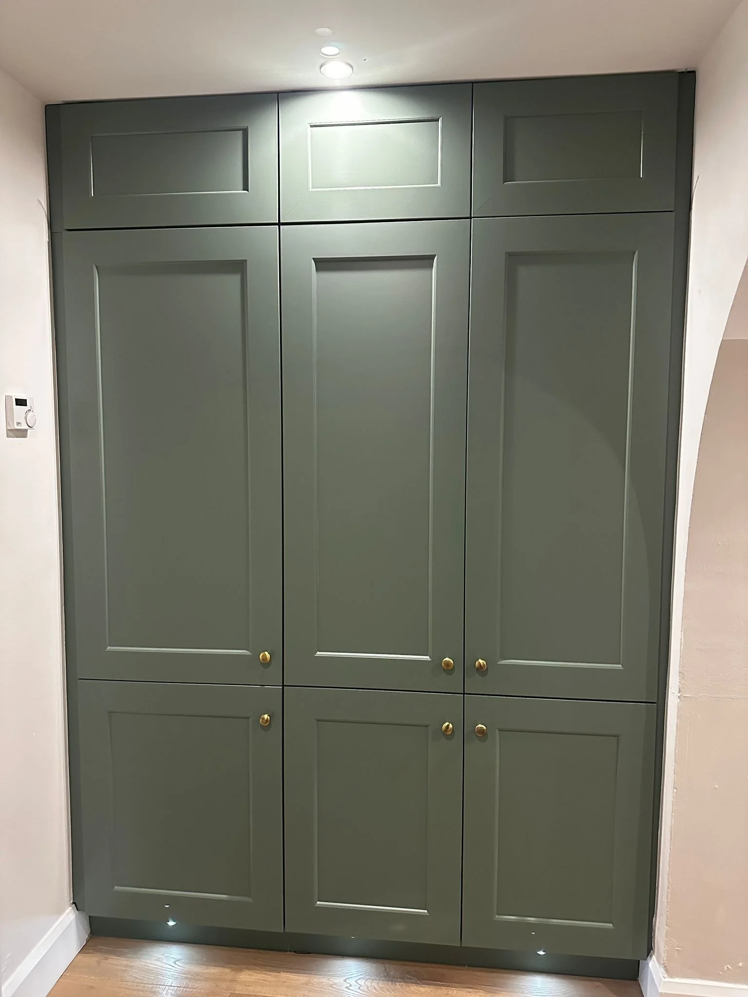 Green built-in closet with six doors and gold knobs, located in a room with hardwood flooring and white walls.