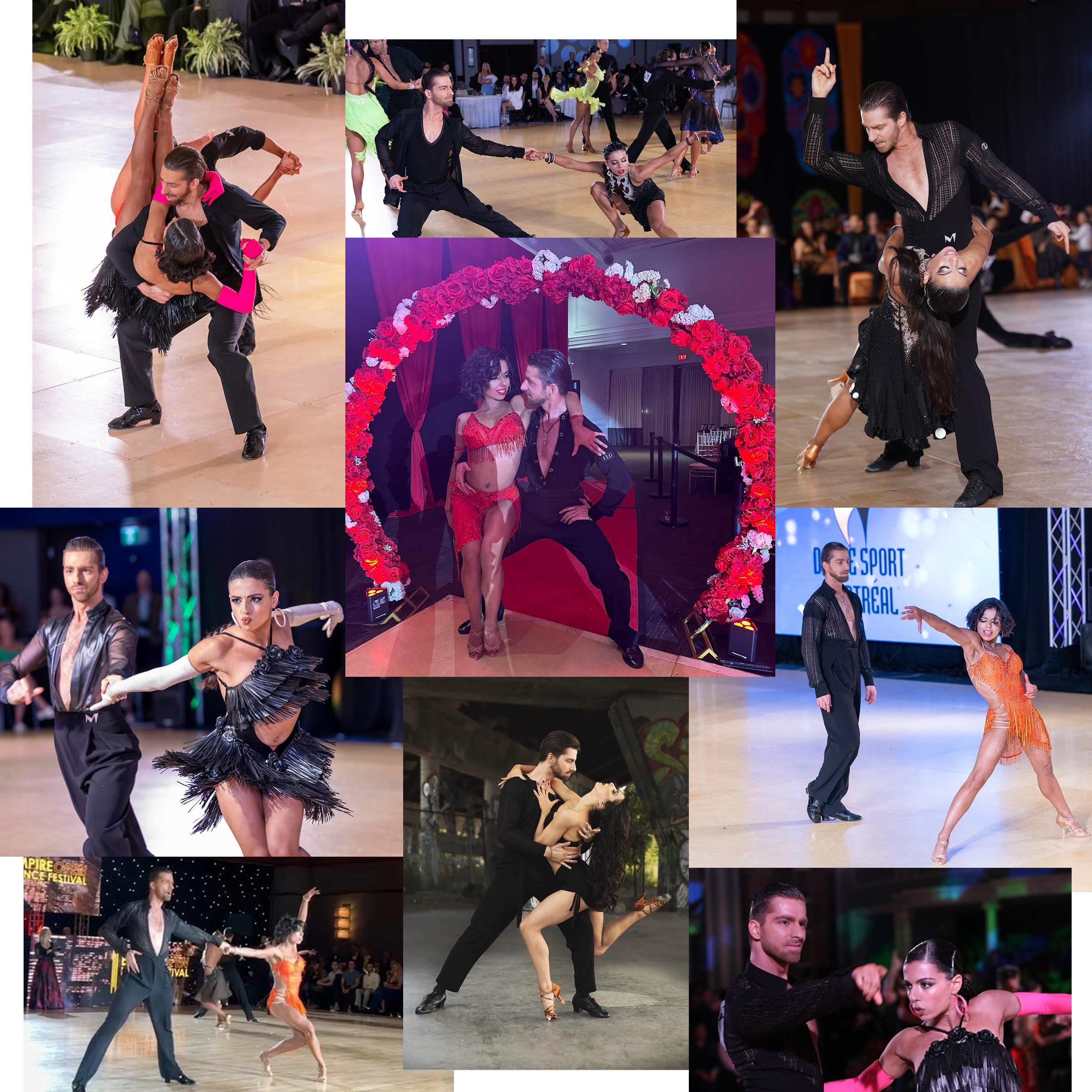 Collage of couples performing ballroom and Latin dance routines at competitions and events, with some on stage and others posing or dancing in different settings.