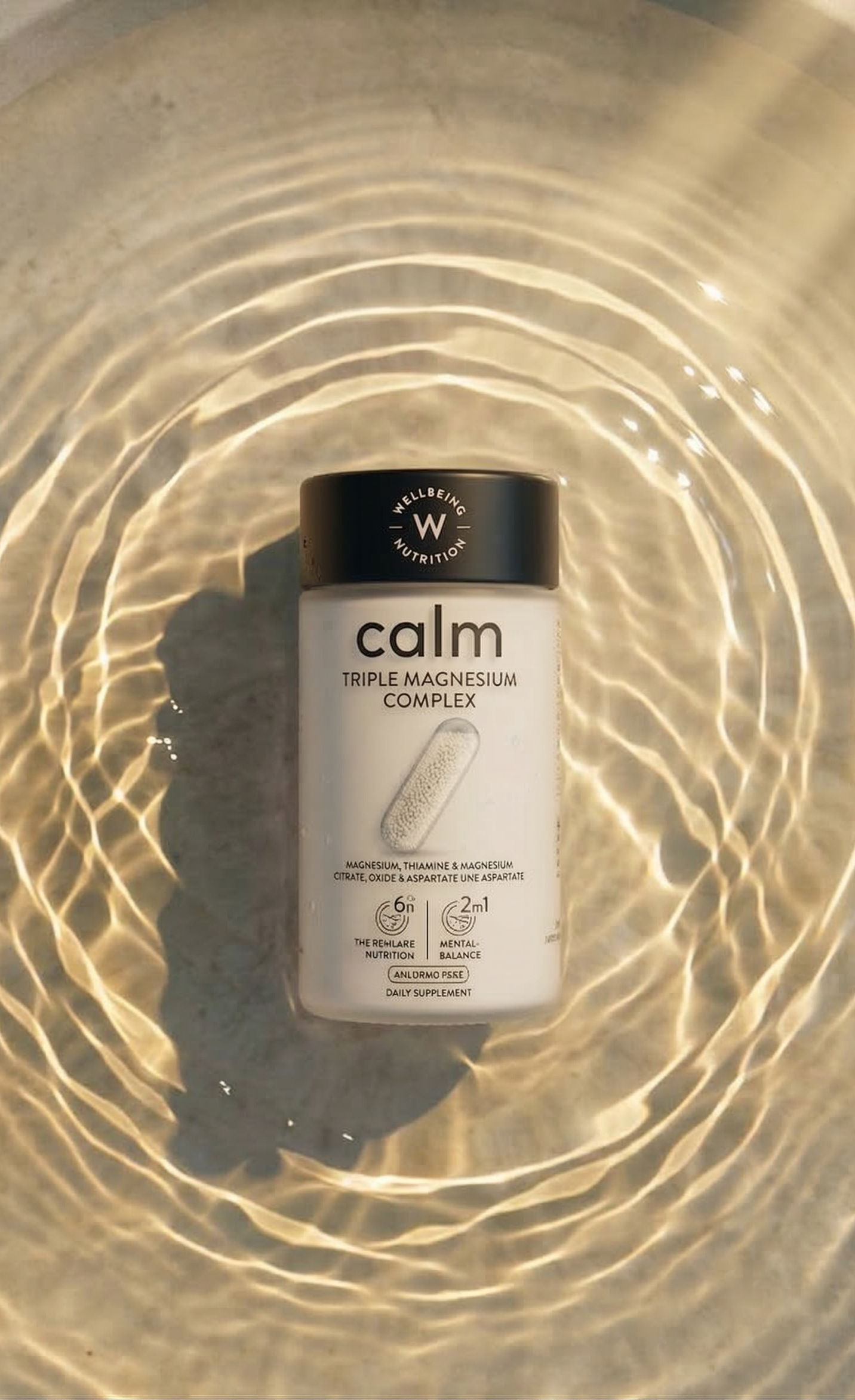 A white bottle labeled 'calm Triple Magnesium Complex' surrounded by rippling water, creating a reflection pattern on the surface.